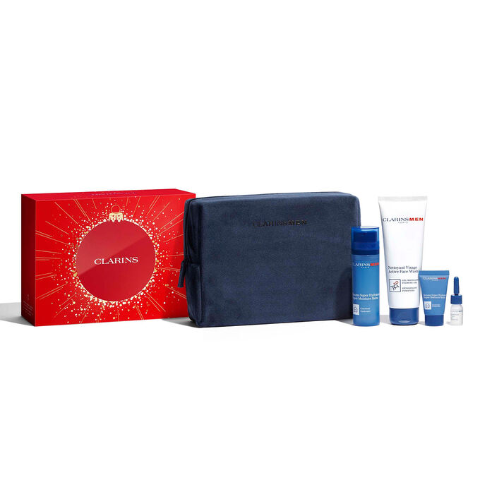 Packshot of Clarins Men Skincare Christmas gift set featuring must-have products for a complete men’s daily skincare routine