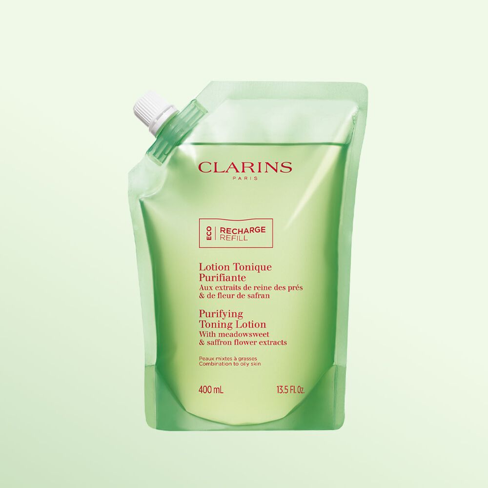 Clarins植萃淨化爽膚露(混合至油性肌適用)替換式補充裝，強調產品採用可持續、可補充的護膚品包裝。