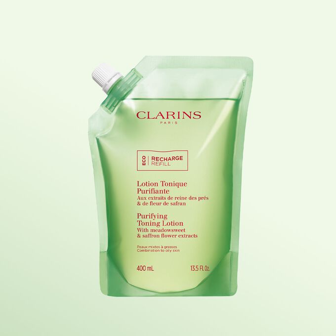 Clarins植萃淨化爽膚露(混合至油性肌適用)替換式補充裝，強調產品採用可持續、可補充的護膚品包裝。