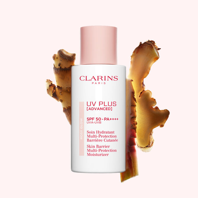 Packshot of Clarins UV Plus Daily Screen Sun Blocker, slightly tinted, lightweight formula for a natural glow finish.
