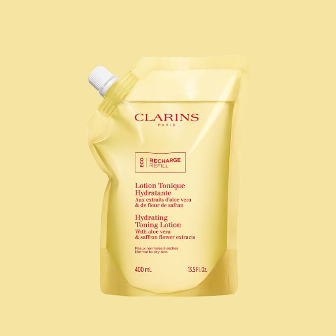The Clarins Hydrating Toning Lotion eco-refill, highlighting its sustainable, refillable skincare packaging.