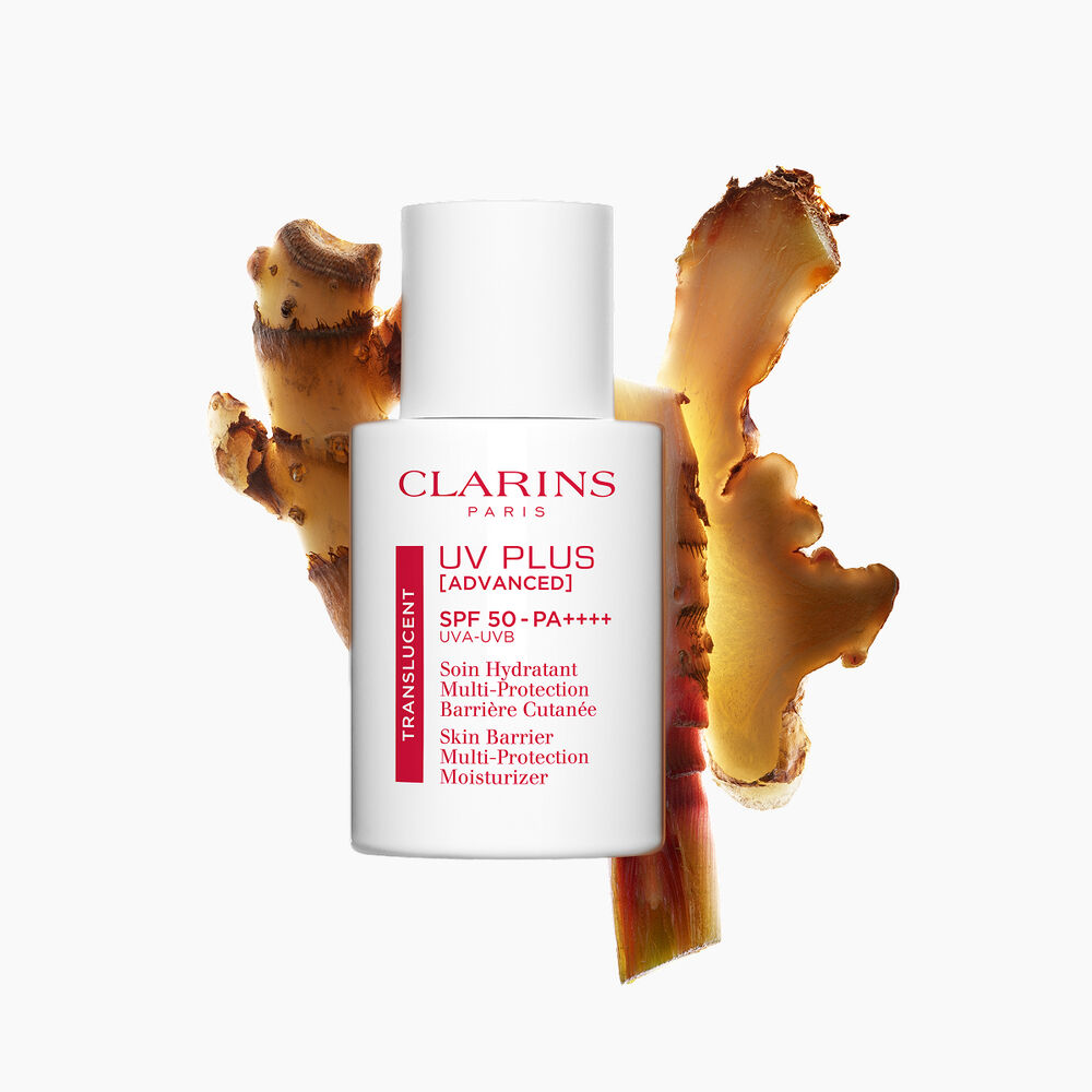 Packshot of Clarins UV Plus Daily Screen Sun Blocker with SPF50+, providing daily UV protection for all skin types next to ginger slides.