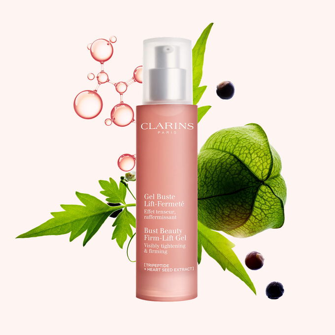 Packshot of Clarins Firming Bust Gel with heart seed and collagen tripeptide molecules highlighting its key ingredients.