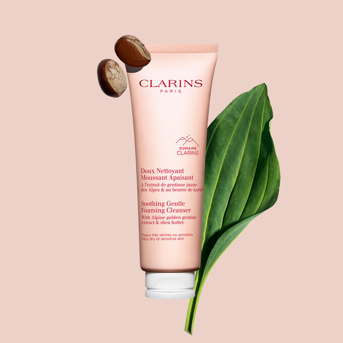 Packshot of the foaming cleanser light pink tube next to golden gentian and shea nuts on a light pink background