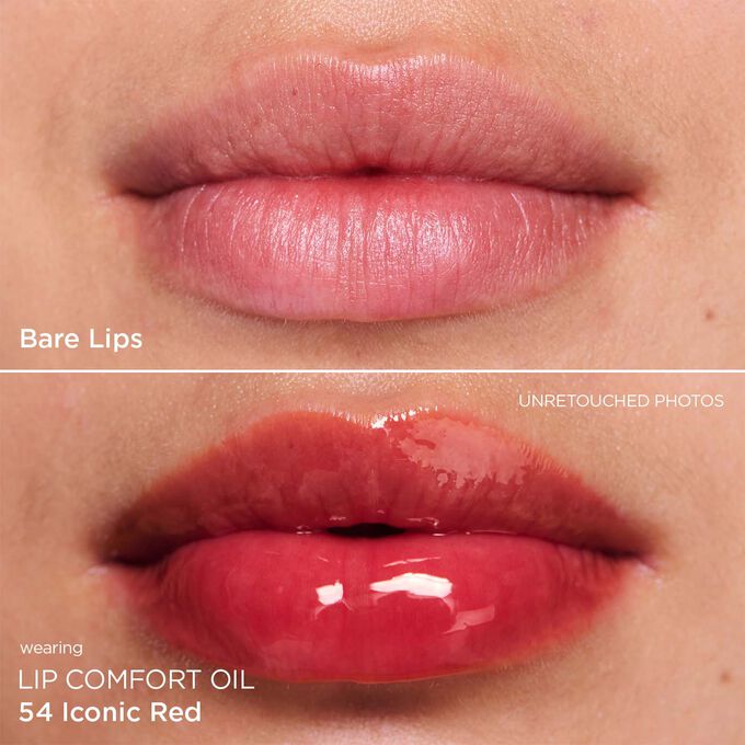 Before and after close-up of a woman’s lips, showing the results after applying the red lip oil