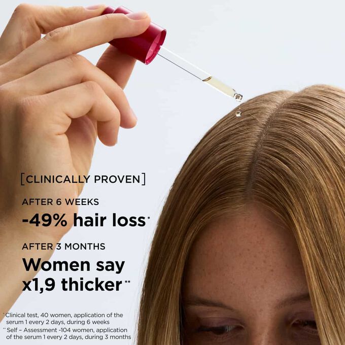 Applying hair loss serum directly to the scalp to improve hair longevity and stimulate density for a thicker appearance