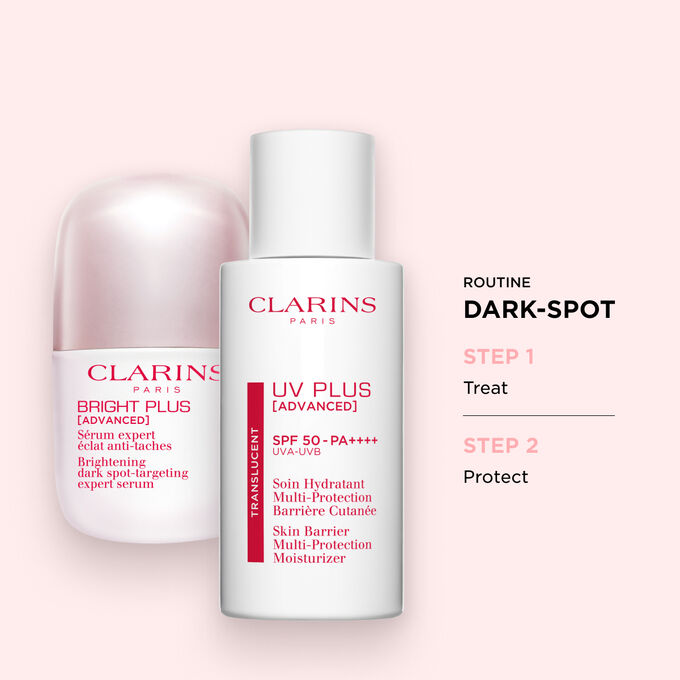 Packshot of Clarins Bright Plus Serum and UV Plus, lightweight, invisible formula for men and women, treating dark spots and protecting skin.