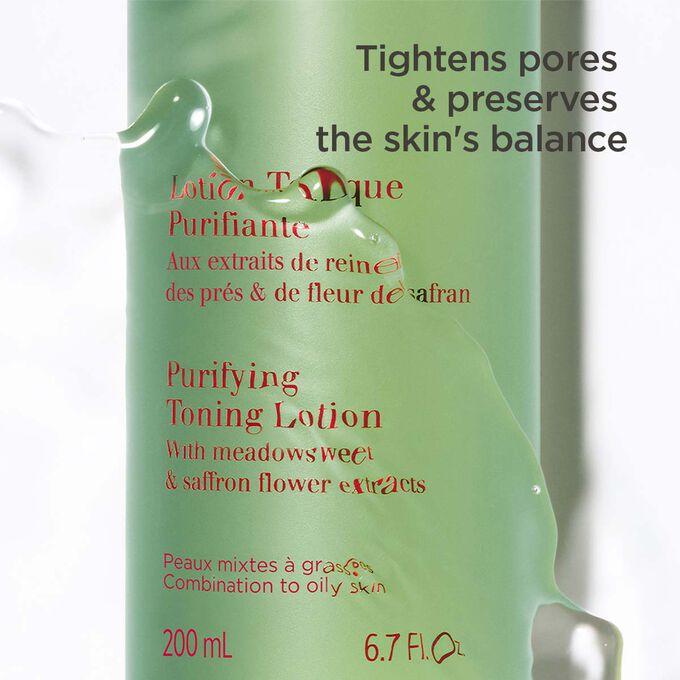 Packshot of the green bottle of purifying toning lotion half under water with text about its balancing actions