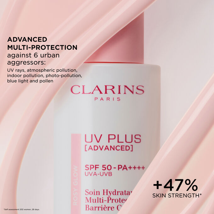 Half-hidden Clarins UV Plus Skin Barrier Fluid, lightweight tinted formula for natural glow and protection from pollution