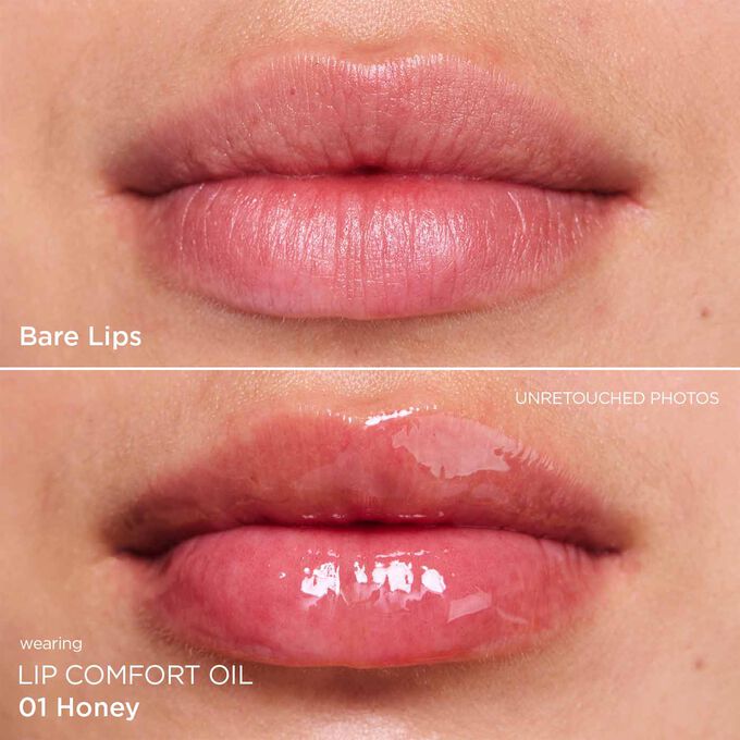 Before and after close-up of a woman’s lips, showing the results after applying the orange lip oil