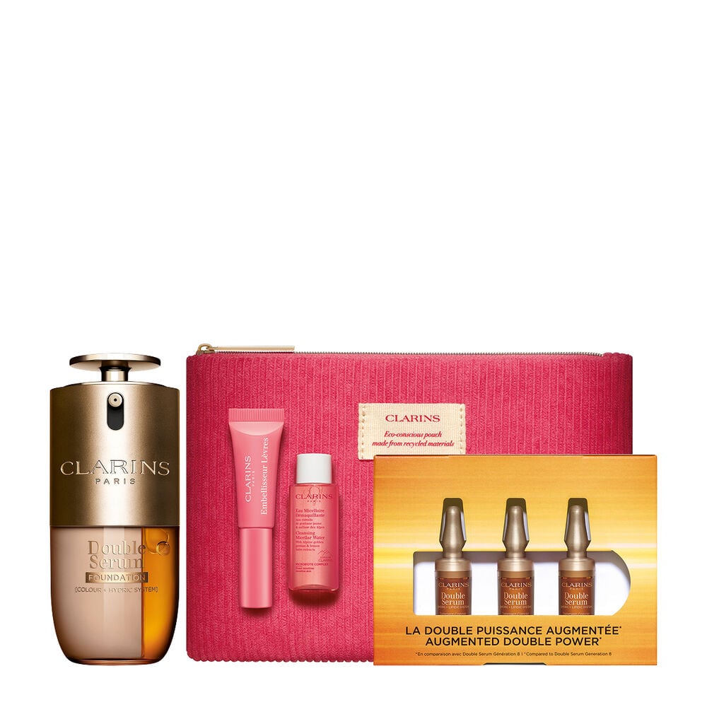 Packshot of Clarins Double Serum Foundation available for every skin tone, featuring key ingredients turmeric and papain