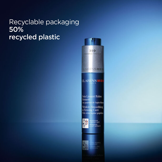 Packshot of the smoothing and firming men's care by Clarins to illustrate that its packaging is made of 50% recycled plastic.