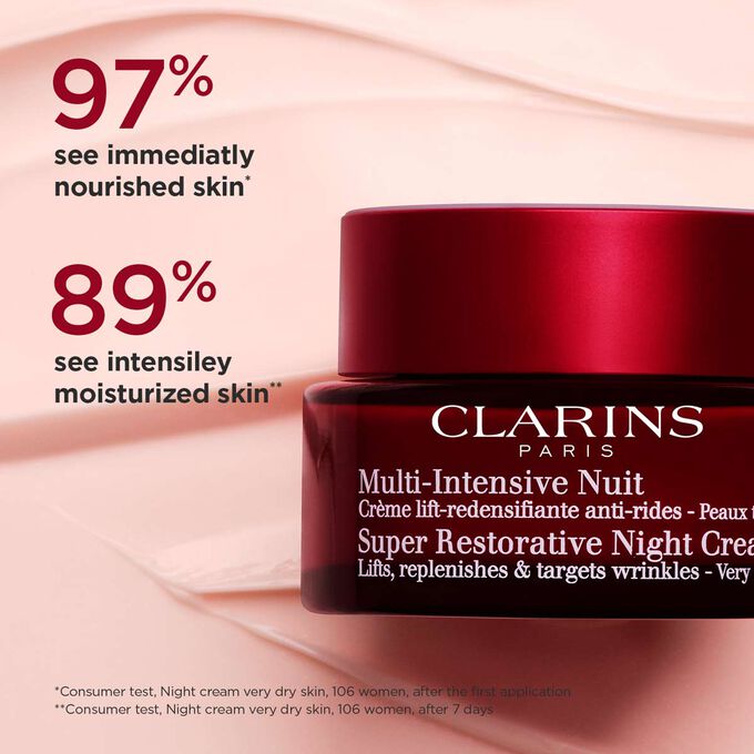 Packshot of Clarins’ Retinol-like Night Cream for dry skin highlighting its nourishing and balancing effects