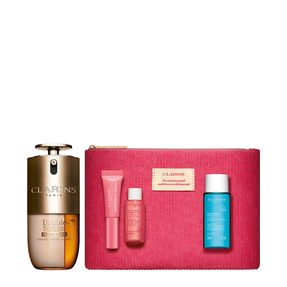 Packshot of Clarins Double Serum Foundation available for every skin tone, featuring key ingredients turmeric and papain