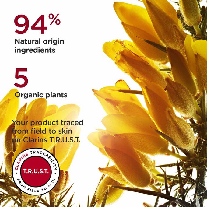 Focus on Ajonc flower, highlighting 94% natural origin ingredients and 5 organic plants used in Super Restorative day cream