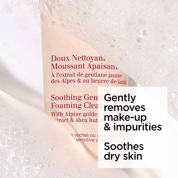 Packshot of the light pink tube of Clarins facial foaming cleanser under foam with text about its depolluting effects