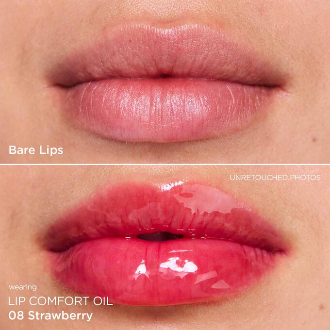 Before and after close-up of a woman’s lips, showing the results after applying the dark pink ton lip oil