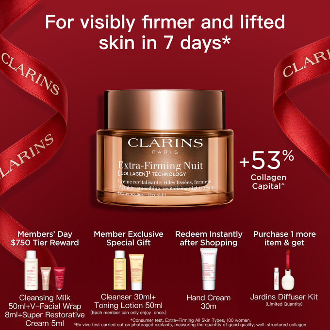 Packshot of Clarins Extra Firming Night Cream for all skin types, alongside mitracarpus plant, pecan seed, and collagen molecule