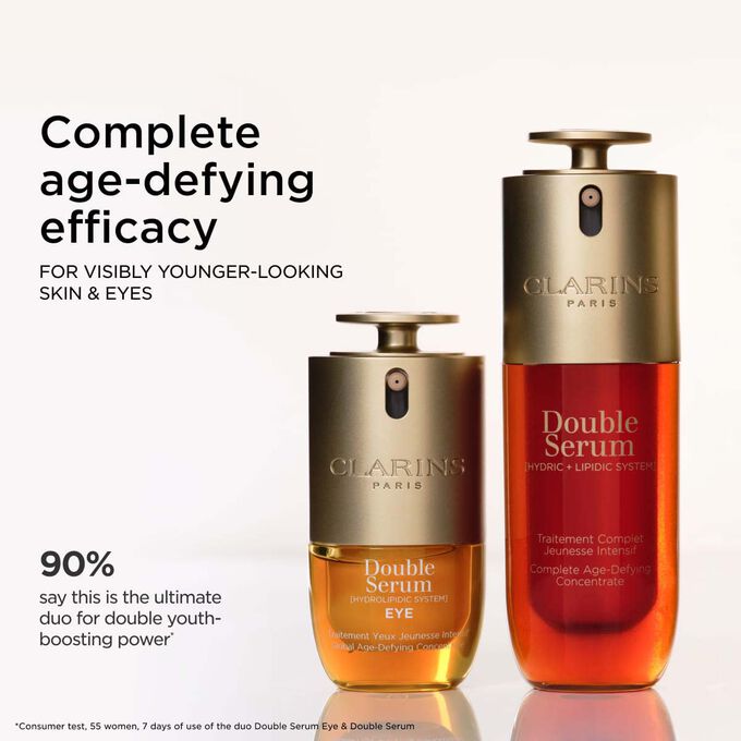 Double serum and double serum eye displayed to illustrate the perfect anti-ageing routine