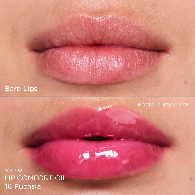 Before and after close-up of a woman&rsquo;s lips, showing the results after applying the fushia lip oil