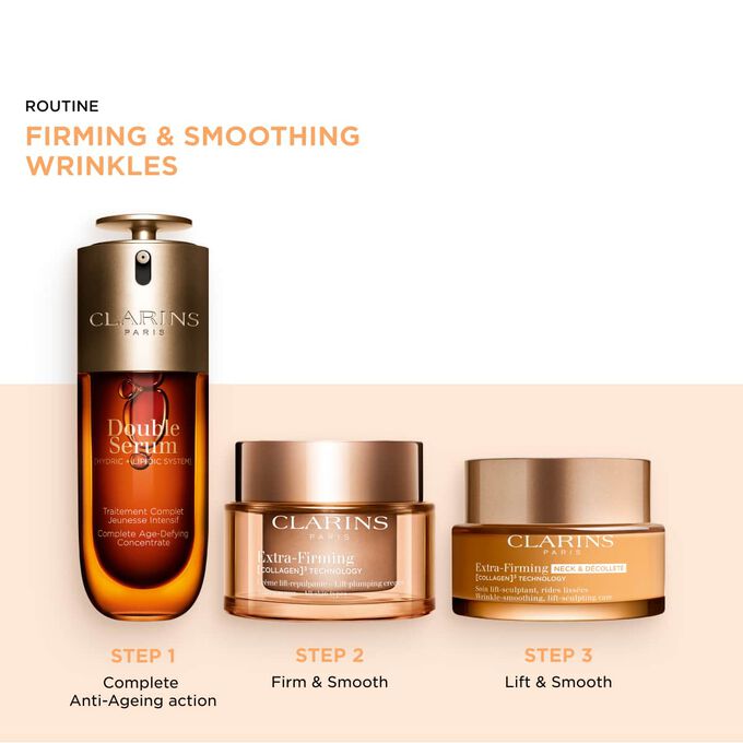 3-step day skincare routine: Firm and smooth wrinkles with face serum, moisturizer, and firming cream for neck and d&eacute;collet&eacute;.