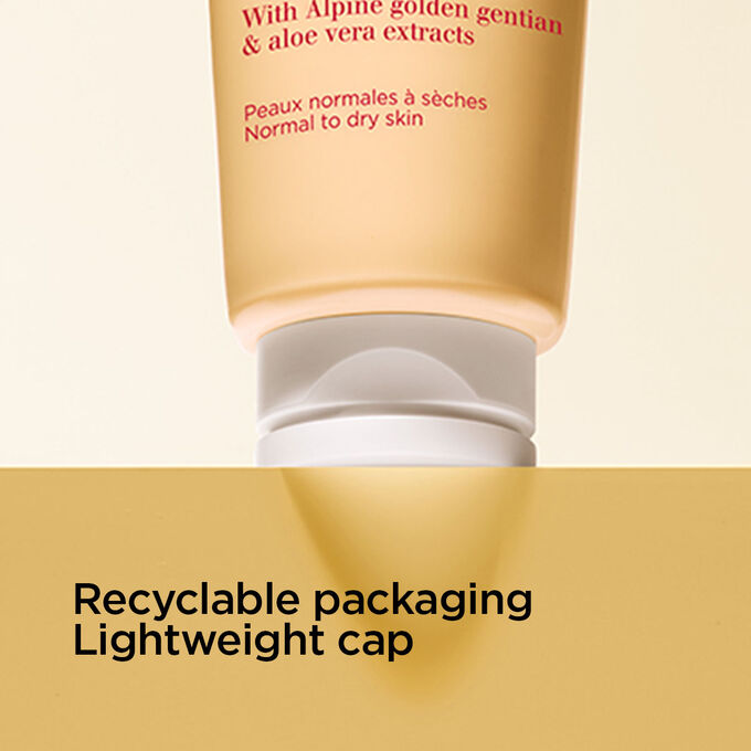 Focus on the cap of the foaming gentle cleanser to illustrate the recyclable packaging and the light weight cap