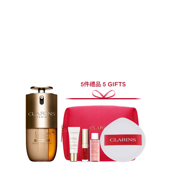 Packshot of Clarins Double Serum Foundation available for every skin tone, featuring key ingredients turmeric and papain