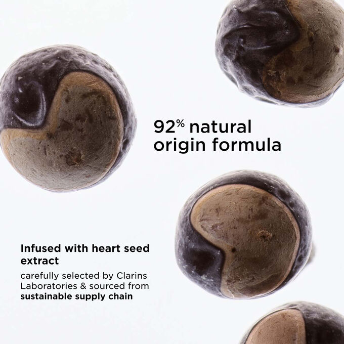 Focus on Heart Seed, highlighting Clarins 92% natural origin formula carefully selected and sustainably sourced.