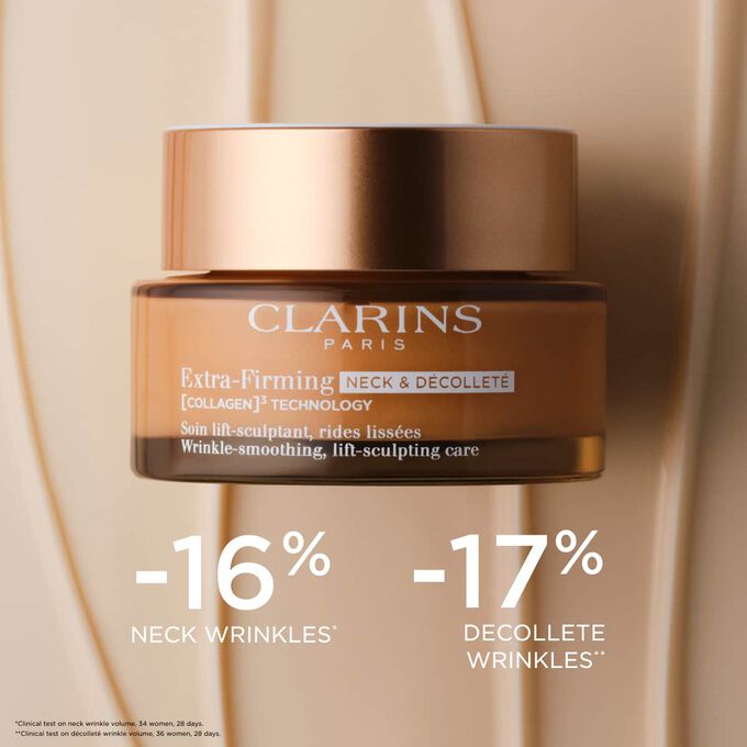 Clarins Firming Neck & D&eacute;collet&eacute; Care on textured background, showcasing its wrinkle-reducing and firming effects for the neck area.