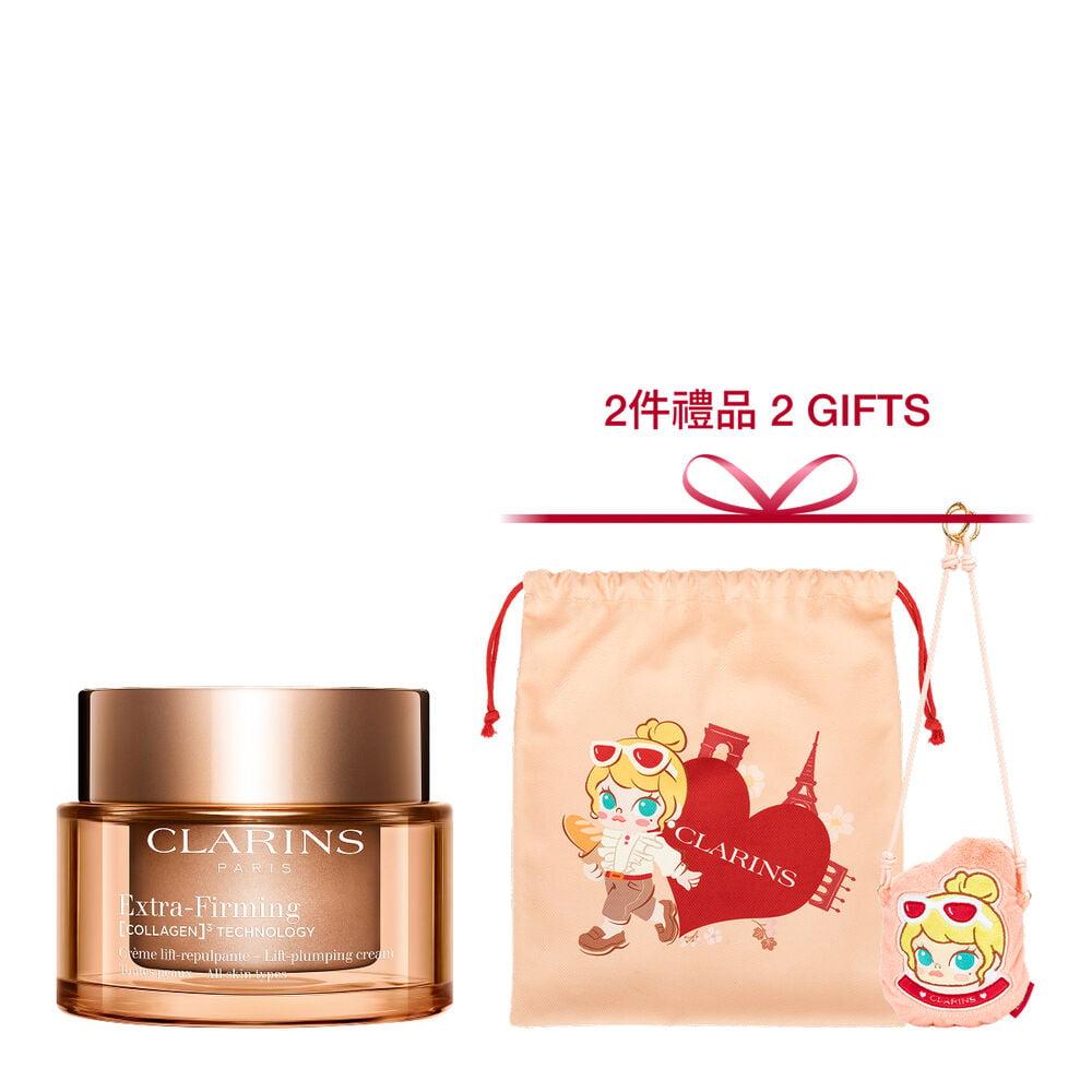 Packshot of Clarins Extra Firming  Cream for all skin types, alongside mitracarpus plant, pecan seed, and collagen molecule