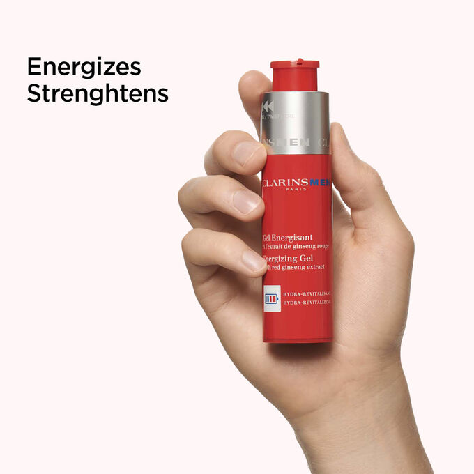 Packshot of the energizing gel for men on a textured background to highlight its energizing and strengthening effects.