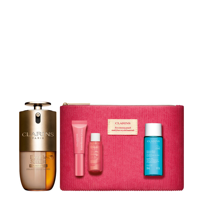 Packshot of Clarins Double Serum Foundation available for every skin tone, featuring key ingredients turmeric and papain