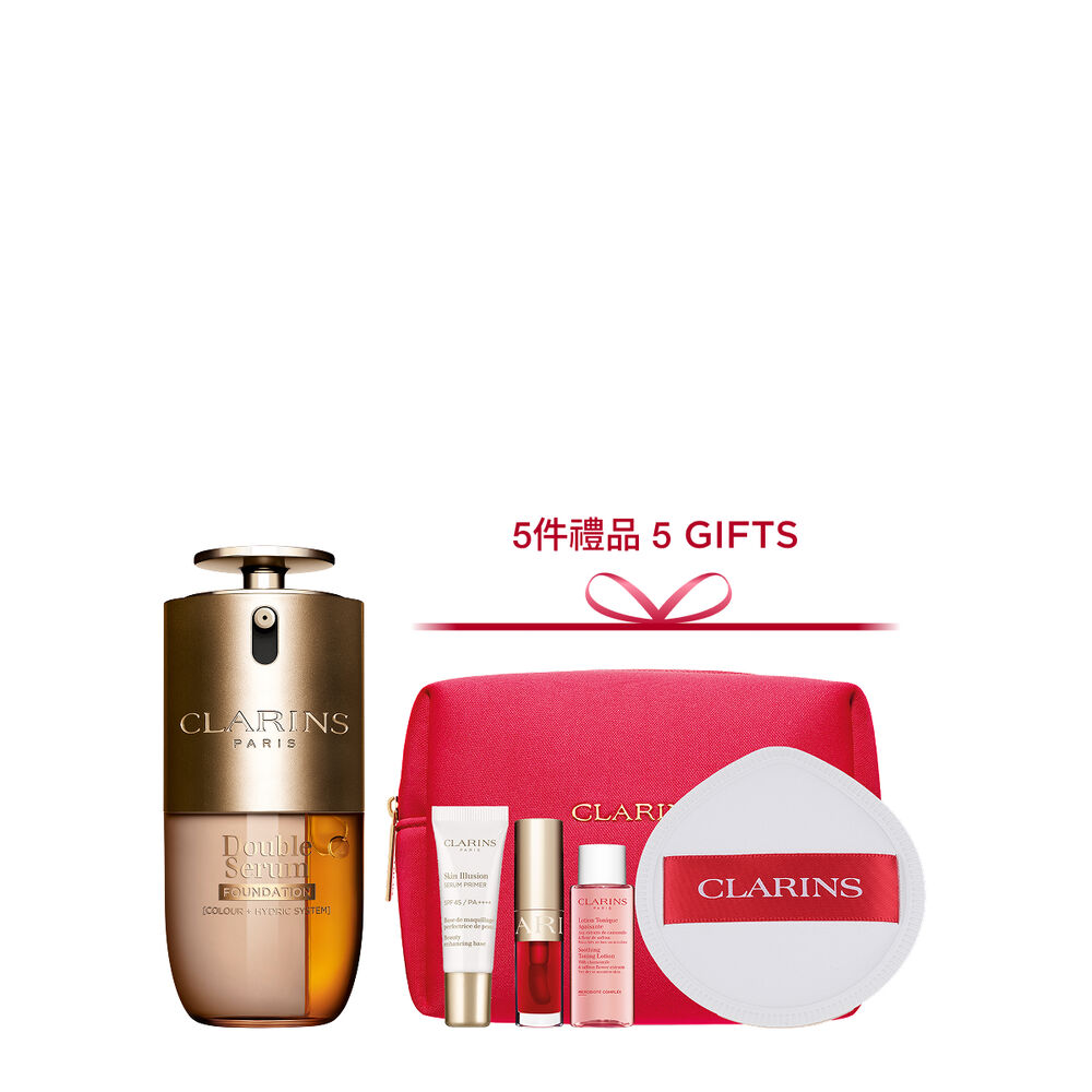 Packshot of Clarins Double Serum Foundation available for every skin tone, featuring key ingredients turmeric and papain