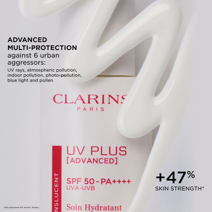 Half-hidden Clarins UV Plus Skin Barrier Fluid, lightweight, invisible formula ideal for men and women seeking daily UV protection.