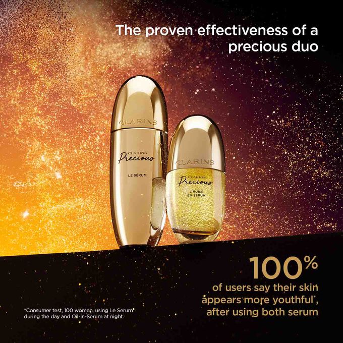Visual of the Le Sérum and L'huile en Sérum, showing that the use of both makes the skin appear more youthful