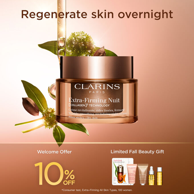 Packshot of Clarins Extra Firming Night Cream for all skin types, alongside mitracarpus plant, pecan seed, and collagen molecule