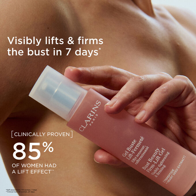 Focus on a woman holding Clarins Firming Bust Gel, illustrating a visibly lifted and firmer bust after regular use.