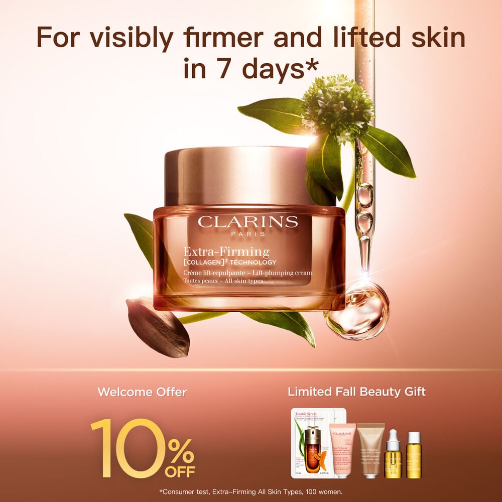 Packshot of Clarins Extra Firming  Cream for all skin types, alongside mitracarpus plant, pecan seed, and collagen molecule