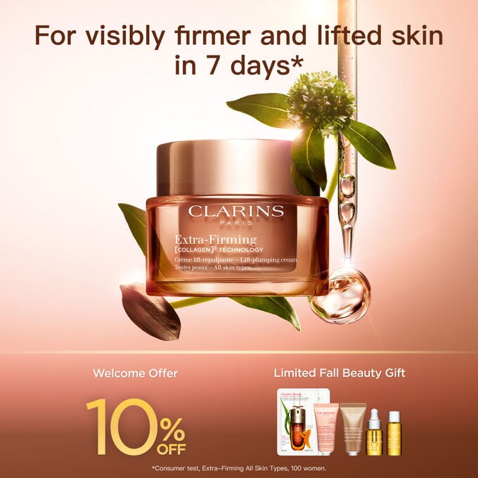 Packshot of Clarins Extra Firming  Cream for all skin types, alongside mitracarpus plant, pecan seed, and collagen molecule