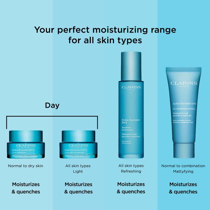 Packshot of Clarins Hydra-Essentiel range, a hydrating and nourishing collection for all skin types and specific needs.