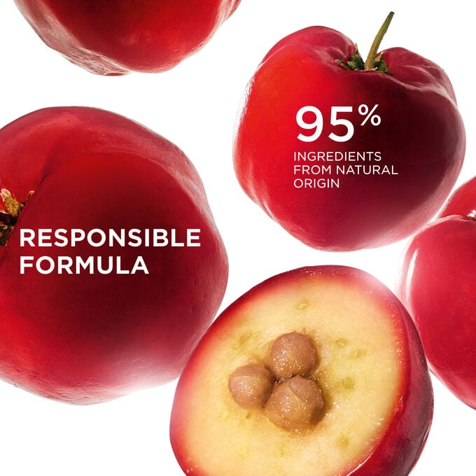Focus on acerola fruits, illustrating a responsible formula with 95% ingredients from natural origin in Clarins products.