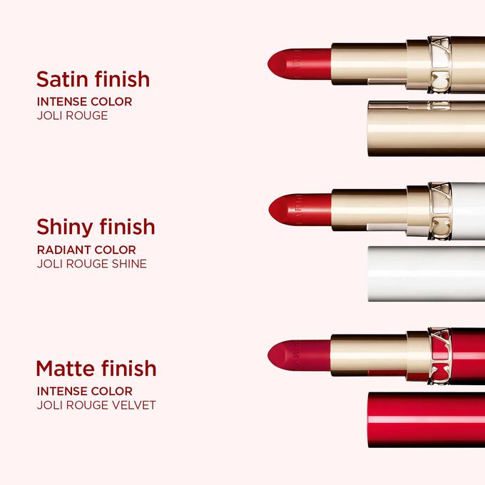 Selection of Clarins lipstick types: satin finish lipstick, shiny finish lipstick, and matte finish lipstick.