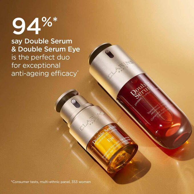 Double serum and double serum eye displayed to illustrate the perfect anti-ageing routine
