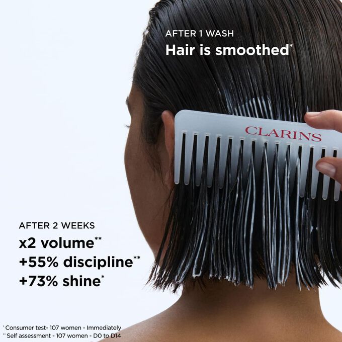 Smoothing conditioner results on hair: twice more volume and seventy-three percent more shine for easy to style hair.
