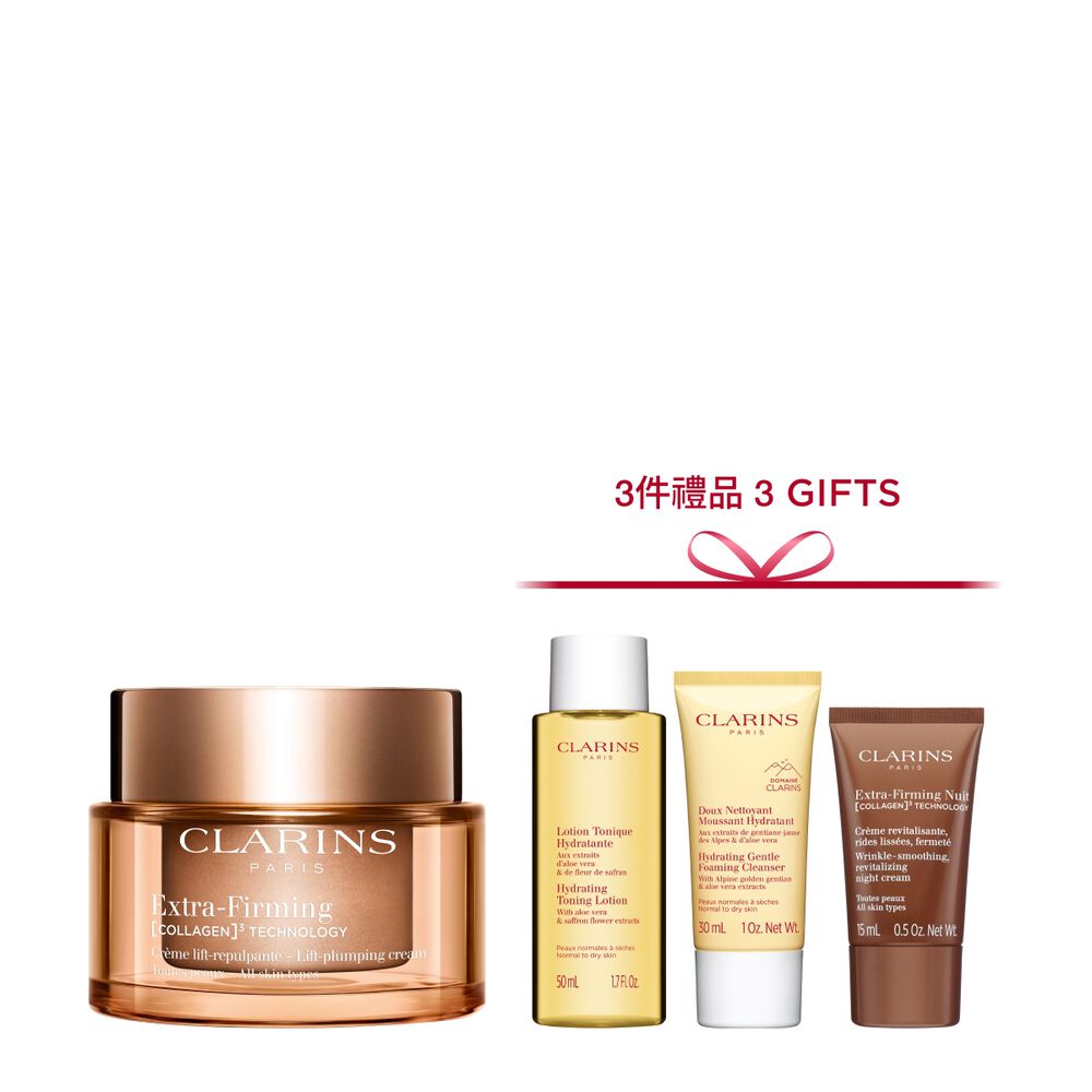 Packshot of Clarins Extra Firming  Cream for all skin types, alongside mitracarpus plant, pecan seed, and collagen molecule