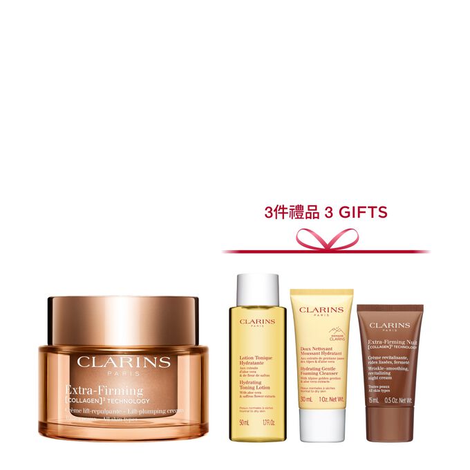 Packshot of Clarins Extra Firming  Cream for all skin types, alongside mitracarpus plant, pecan seed, and collagen molecule