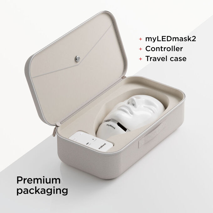 Close-up on myLEDmask2's premium packaging with its travel case and controller
