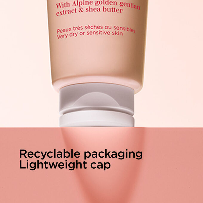 Focus on the cap of the foaming gentle cleanser to illustrate the recyclable packaging and the light weight cap
