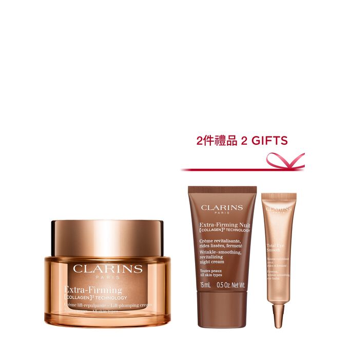 Packshot of Clarins Extra Firming  Cream for all skin types, alongside mitracarpus plant, pecan seed, and collagen molecule
