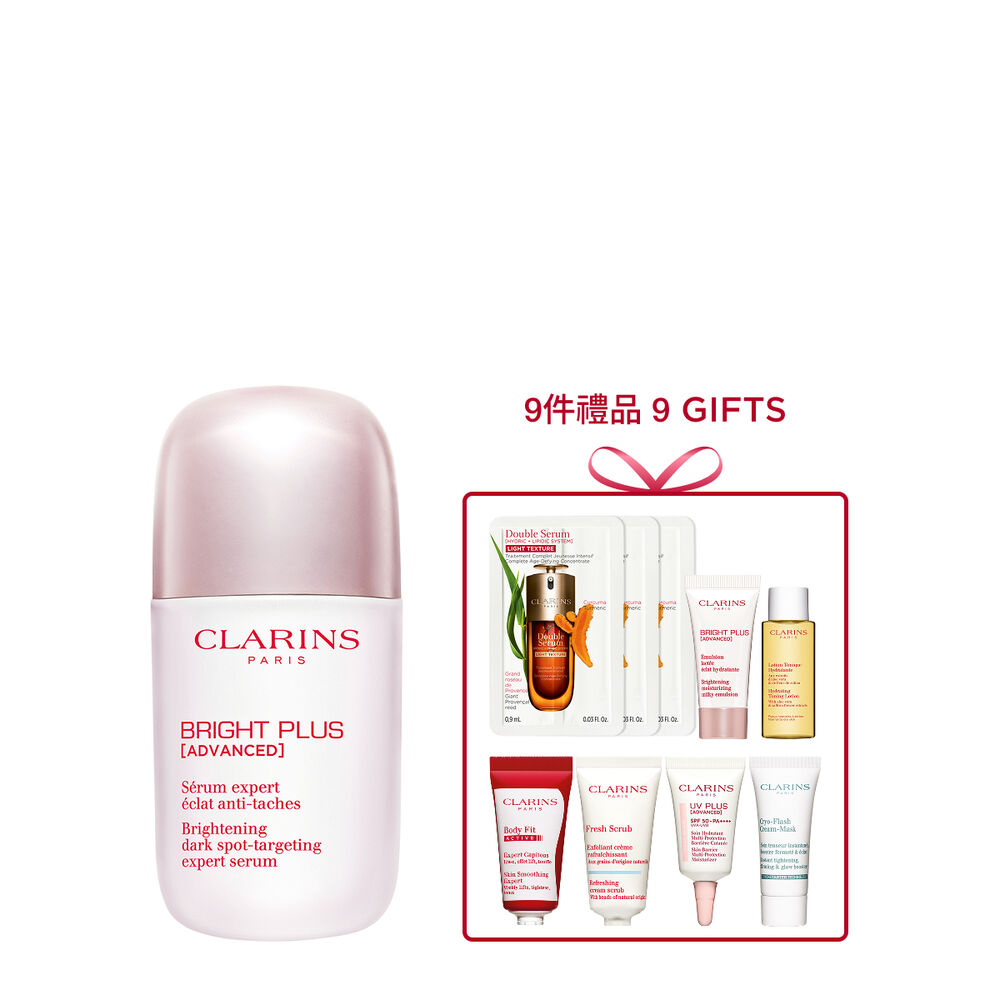 Packshot of Clarins Brightening Vitamin C-Derived Serum placed beside acerola fruits and a niacinamide molecule.